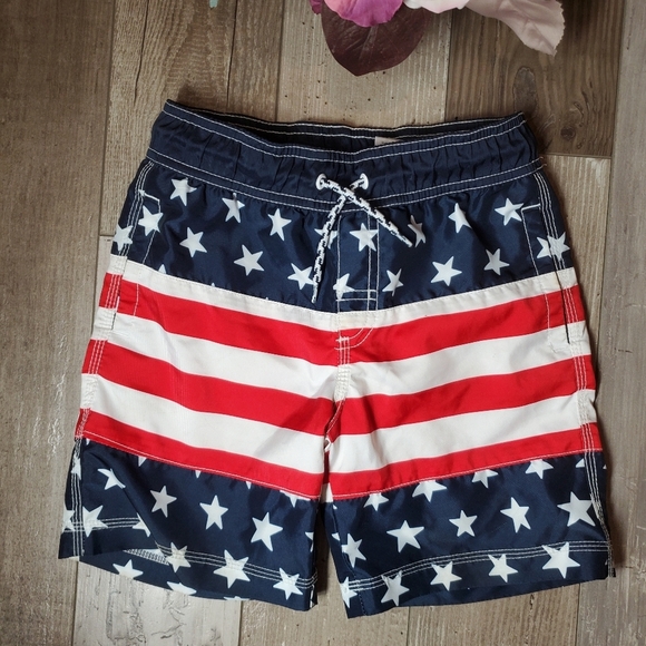 Gymboree Boys Red White & Blue Stars & Stripes Patriotic Flag Print Swim Trunks - Picture 1 of 12